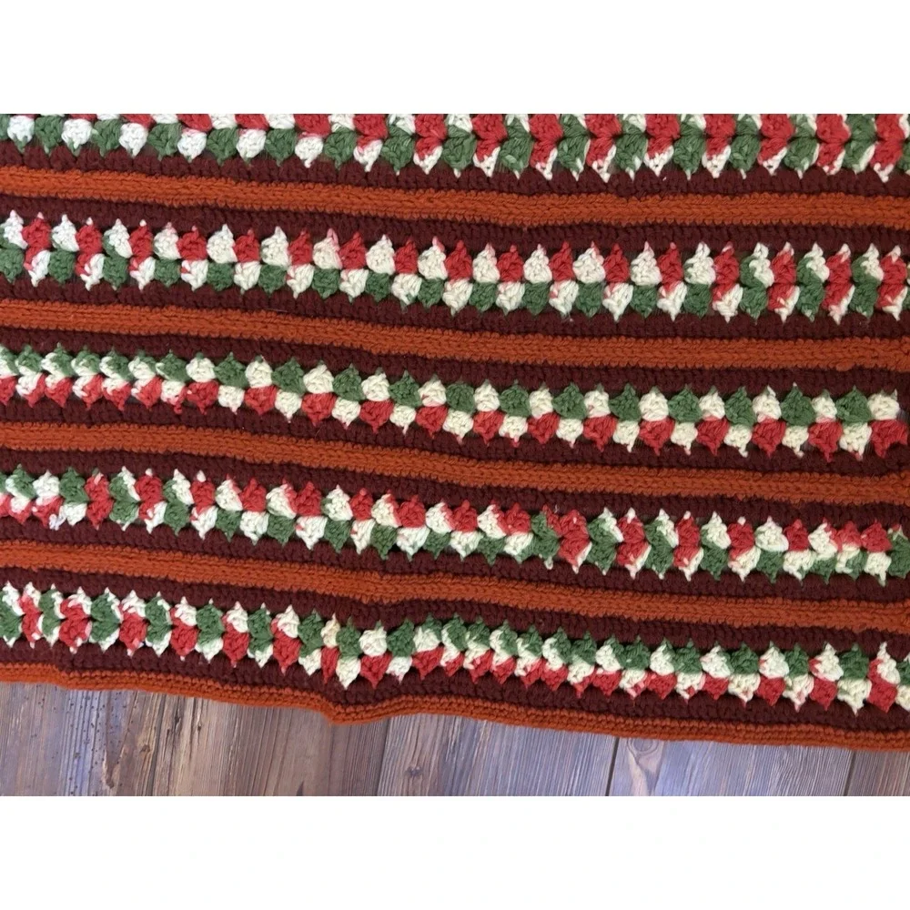 Afghan 70s Throw Blanket Scalloped Rust Red YellowGreen Stripe 60